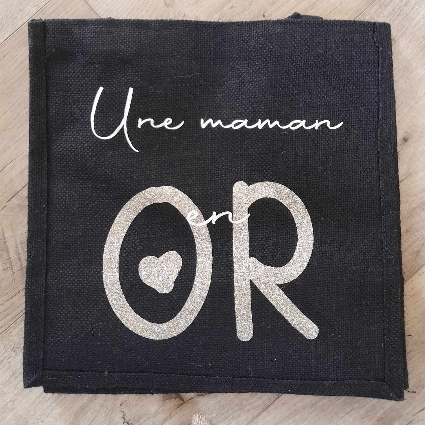 Sac en toile de jute noir "Maman en Or" - L'atelier de Lise M - personnalisation - L'atelier de Lise M